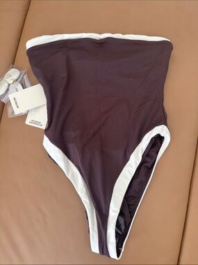 Monday Swimwear Strapless One-Piece in Plum with White Trim